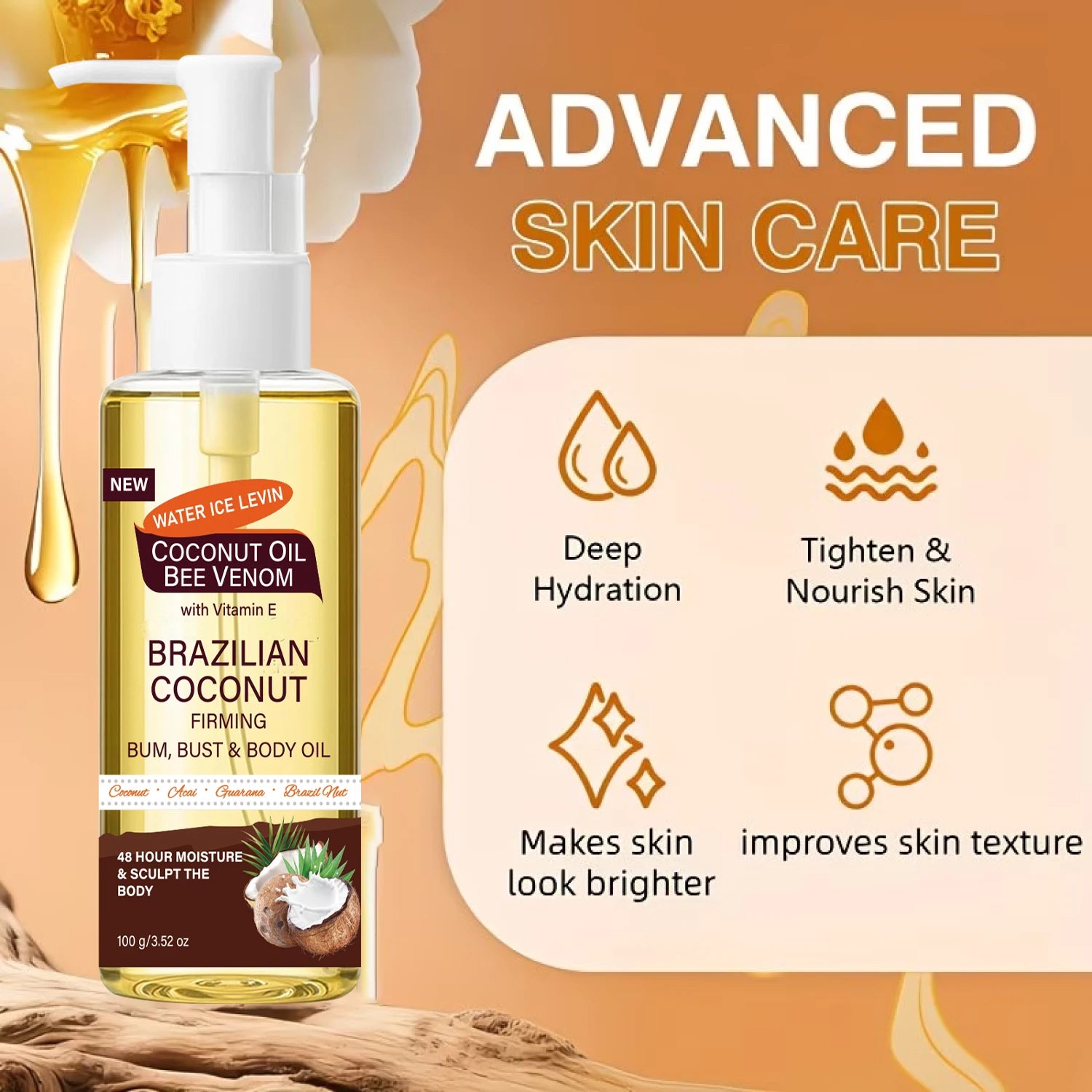 Brazilian Coconut Firming Body Oil, 48H Moisture &amp; Sculpting with Acai, Guarana &amp; Hyaluronic Acid for Bum &amp; Bust