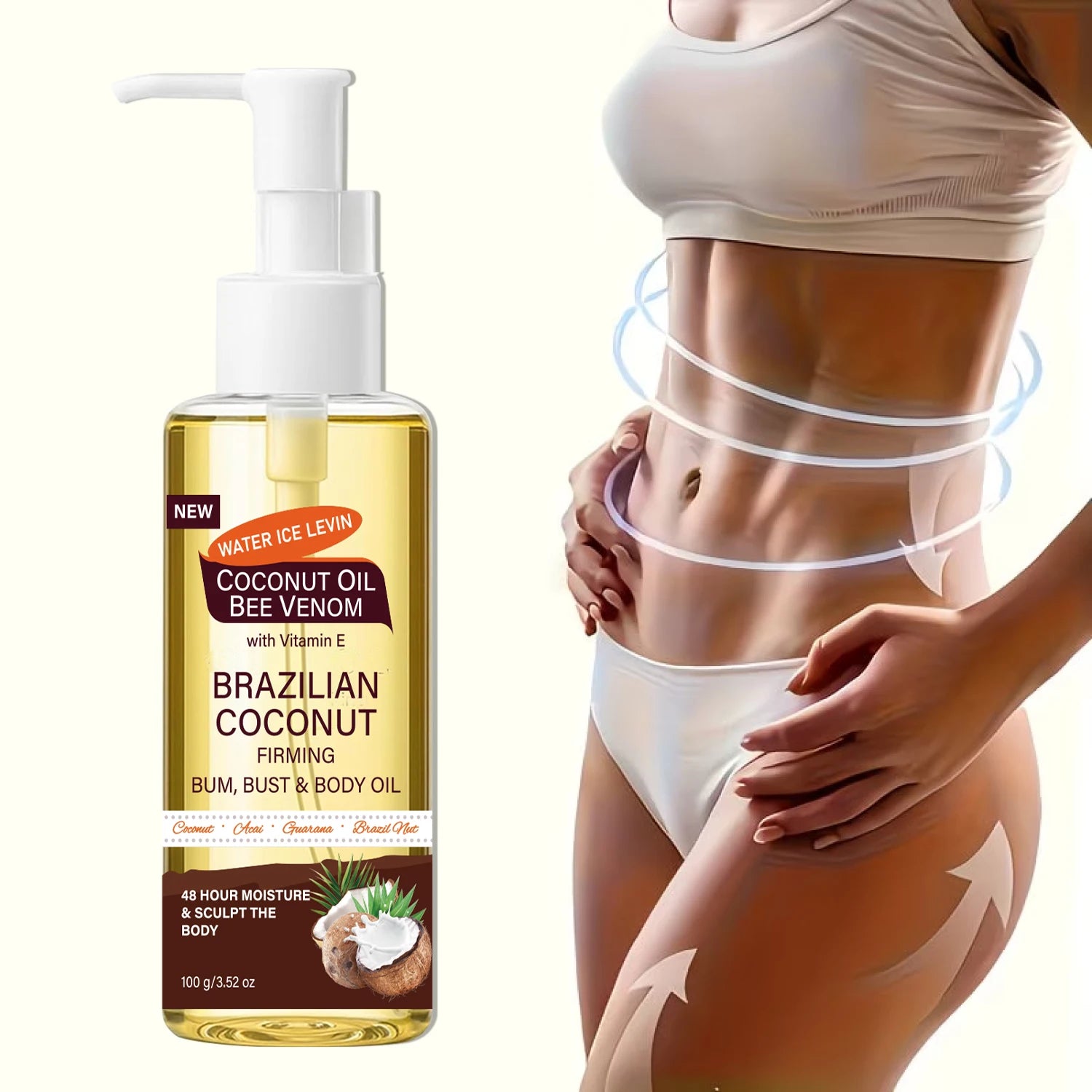 Brazilian Coconut Firming Body Oil, 48H Moisture &amp; Sculpting with Acai, Guarana &amp; Hyaluronic Acid for Bum &amp; Bust