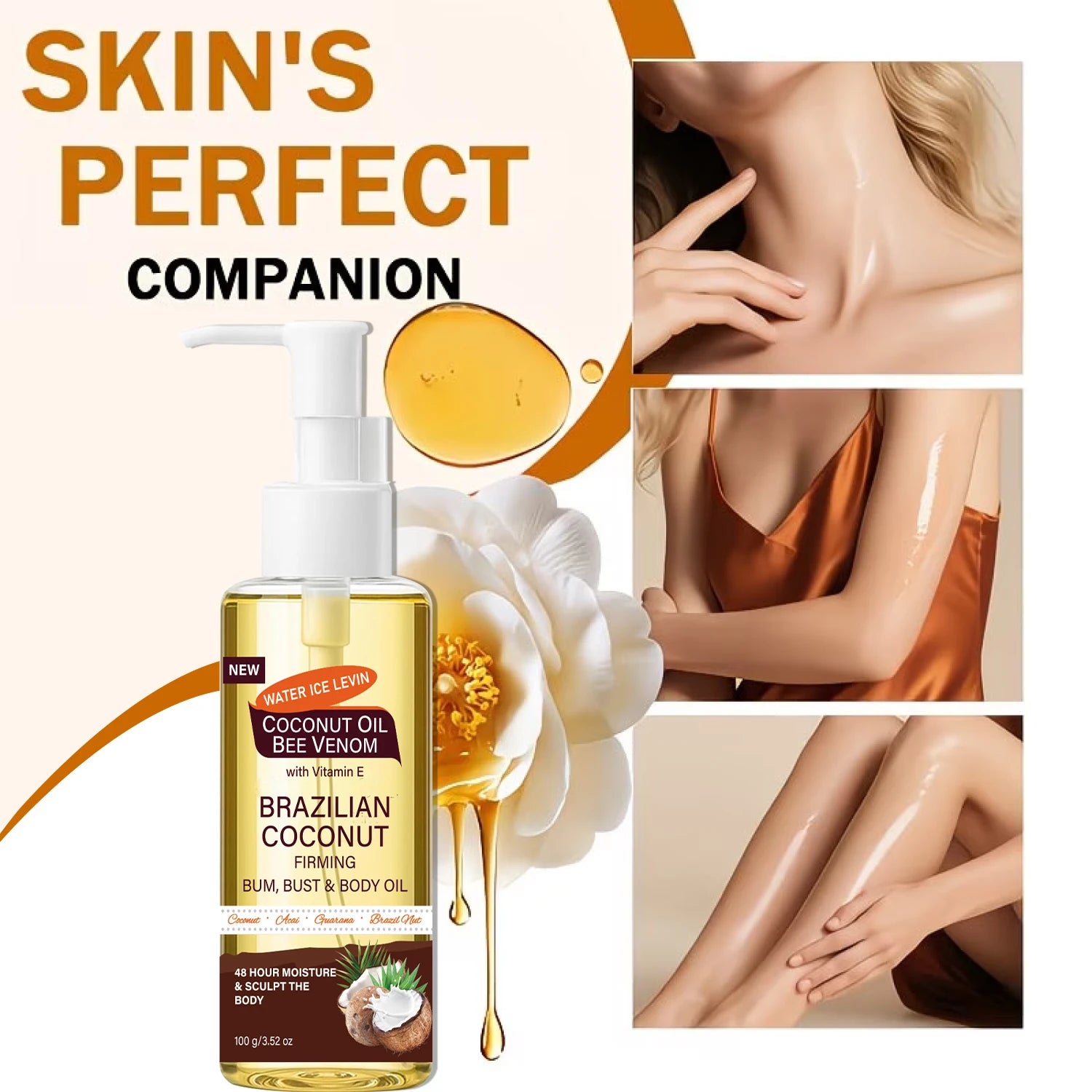 Brazilian Coconut Firming Body Oil, 48H Moisture &amp; Sculpting with Acai, Guarana &amp; Hyaluronic Acid for Bum &amp; Bust