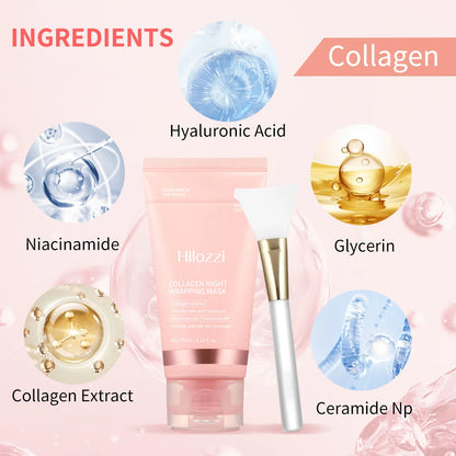 Collagen Overnight Wrap Mask with Jelly Brush Deep Hydrating Moisturizing Night Treatment Mask for All Skin Types