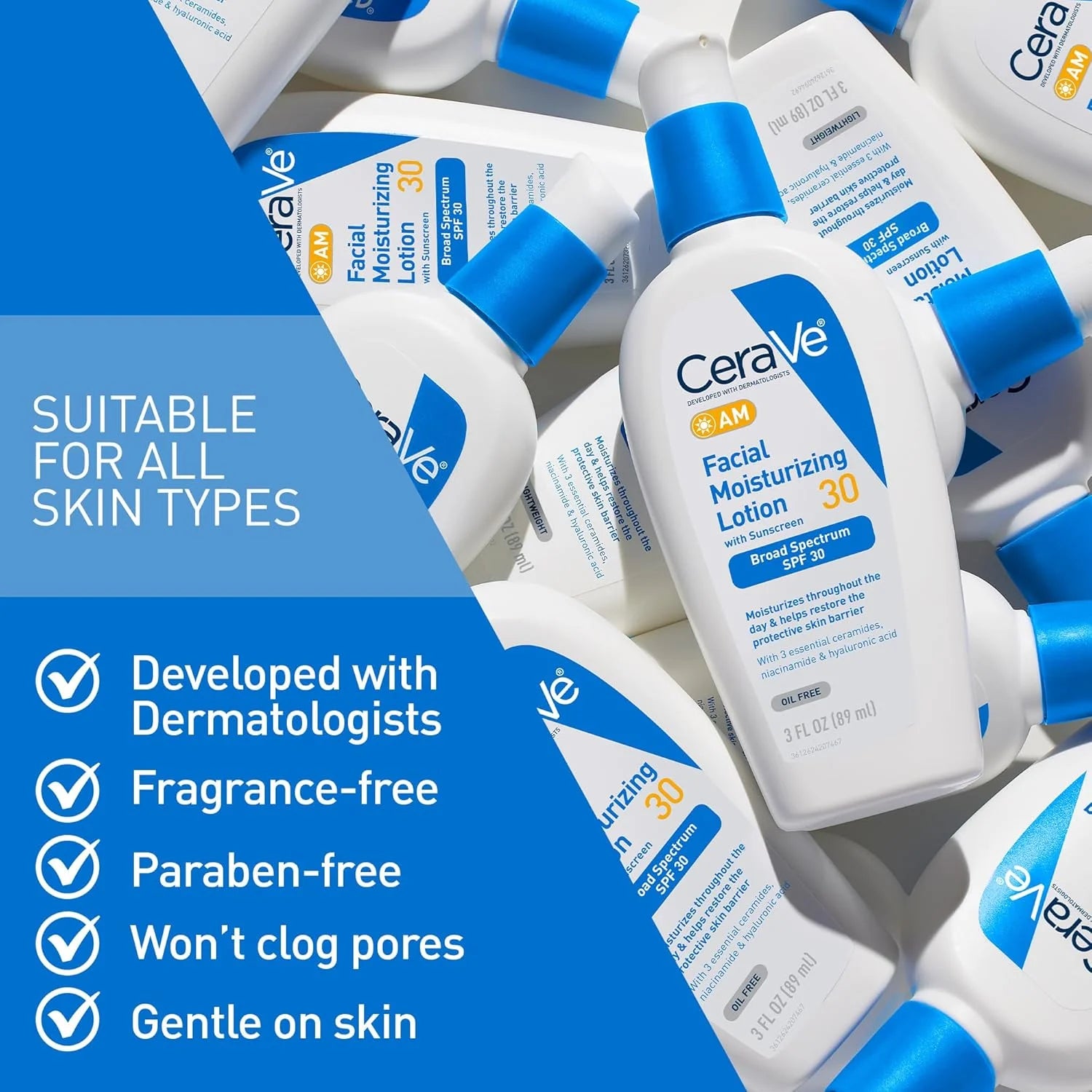 CeraVe AM Facial Moisturizing Lotion SPF 30, Oil-Free, with Hyaluronic Acid, Niacinamide &amp; Ceramides, 3oz