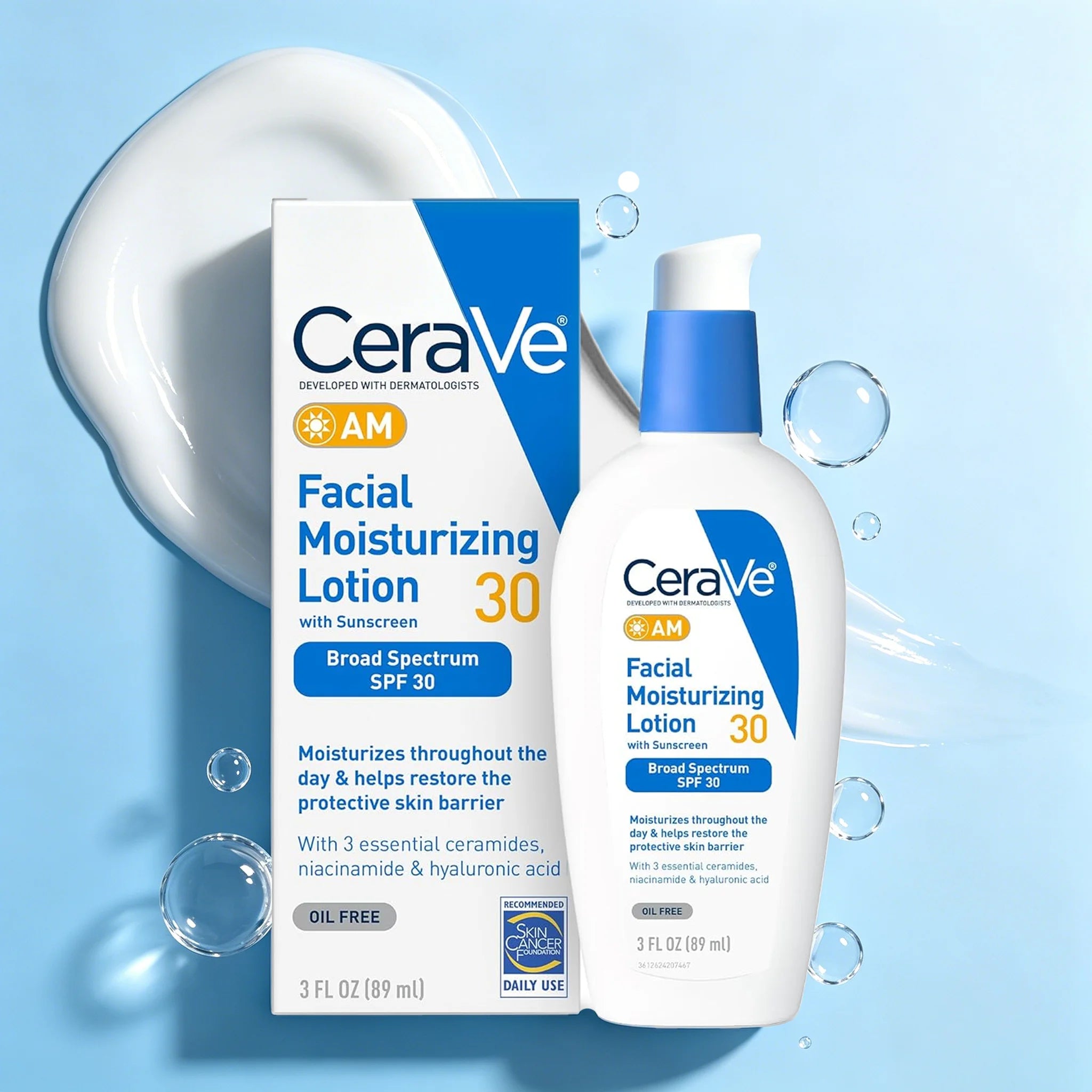 CeraVe AM Facial Moisturizing Lotion SPF 30, Oil-Free, with Hyaluronic Acid, Niacinamide &amp; Ceramides, 3oz